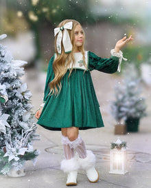 Girl | Everly Damask Velour Dress | Green