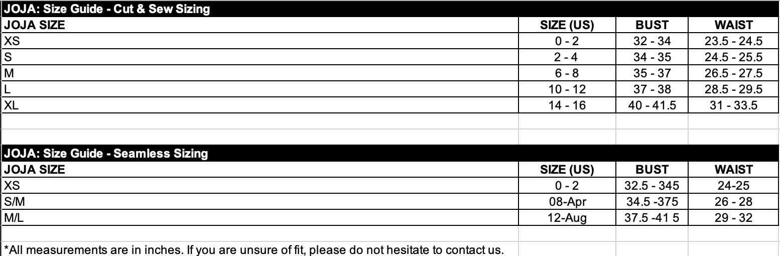 Product size guide