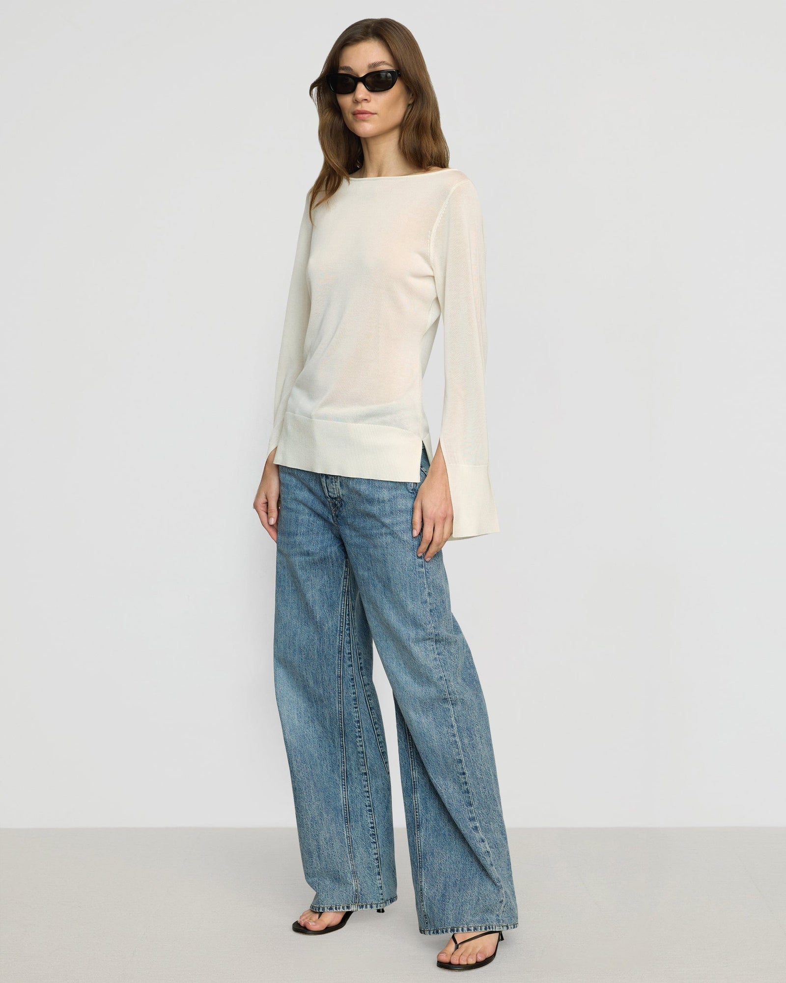 Renee | Keegan Semi-Sheer Slit-Neck Knit Top in Size Small