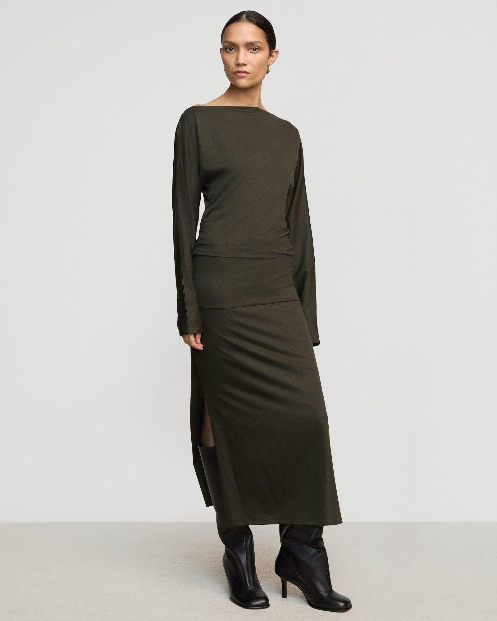 Charlotte | Kezia Off-Shoulder Satin Jersey Dress in Size Small