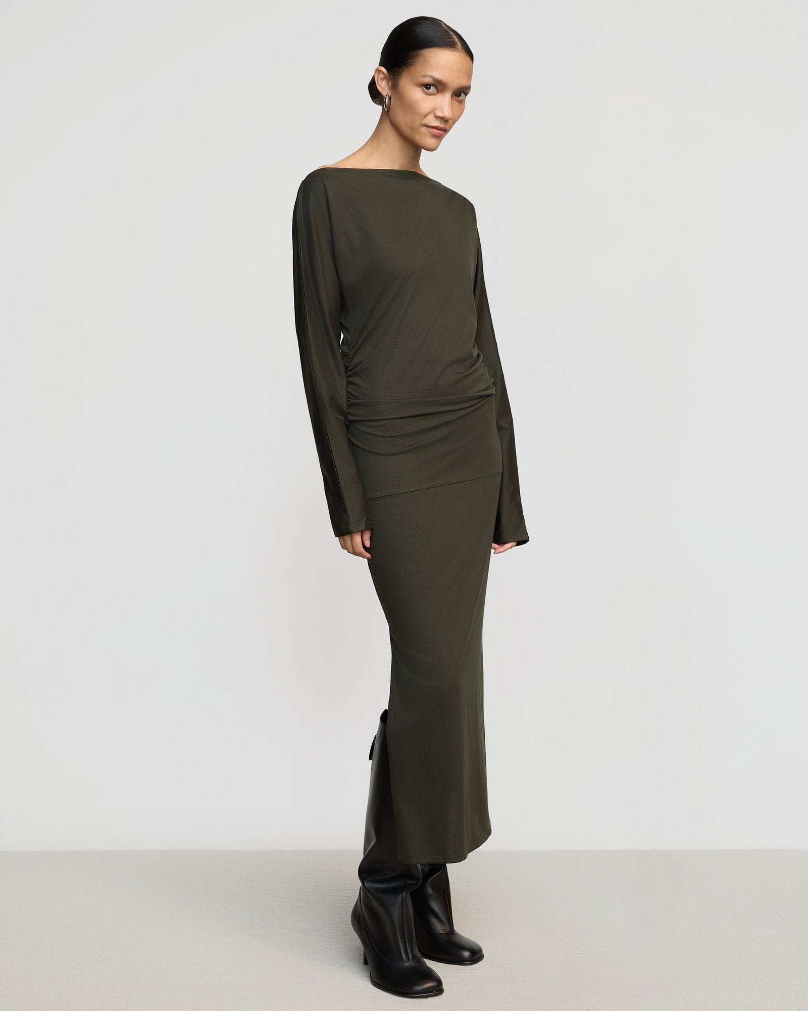 Charlotte | Kezia Off-Shoulder Satin Jersey Dress in Size Small