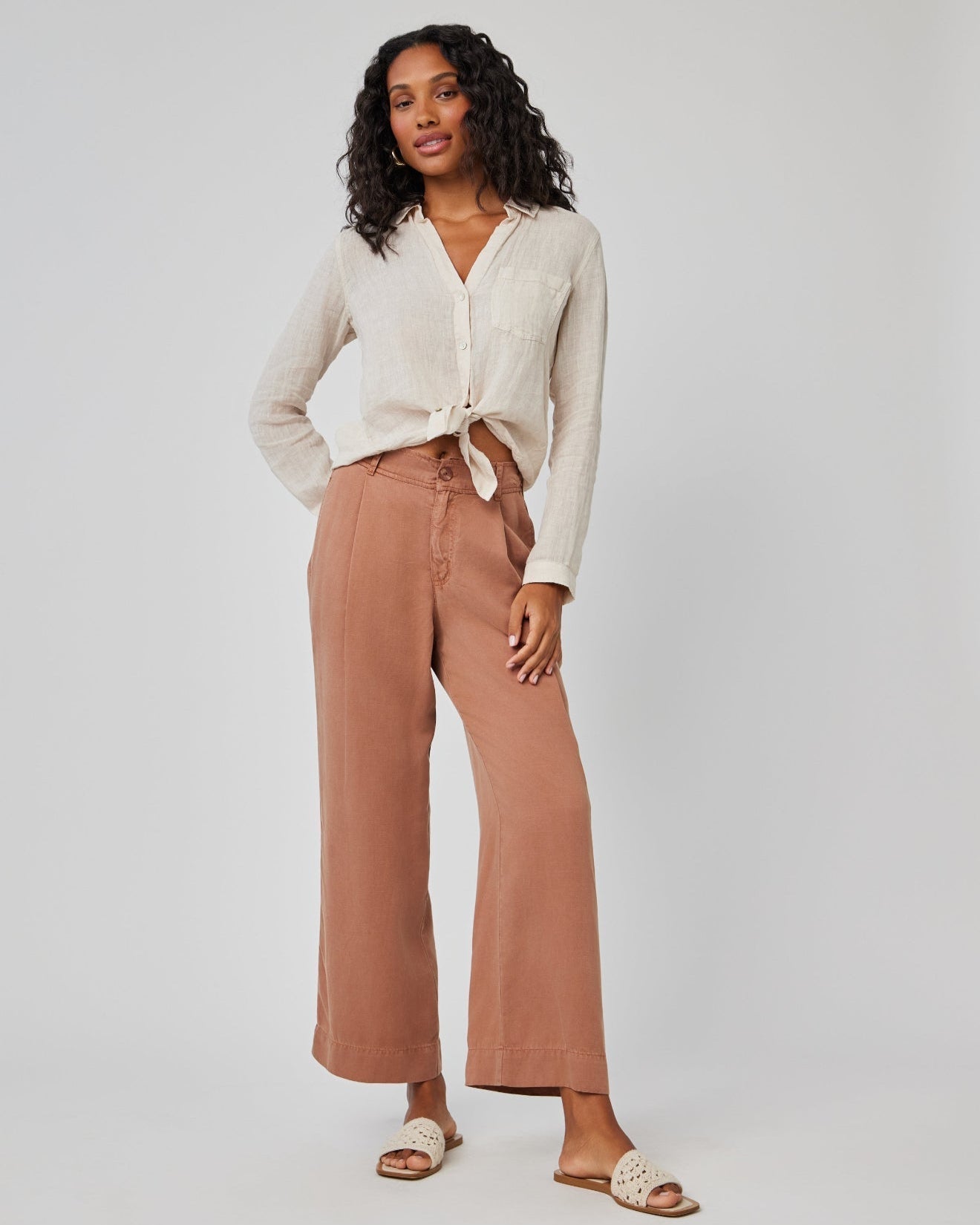 Marina - Pleated Wide Leg Ankle Pant | Sandal Brown