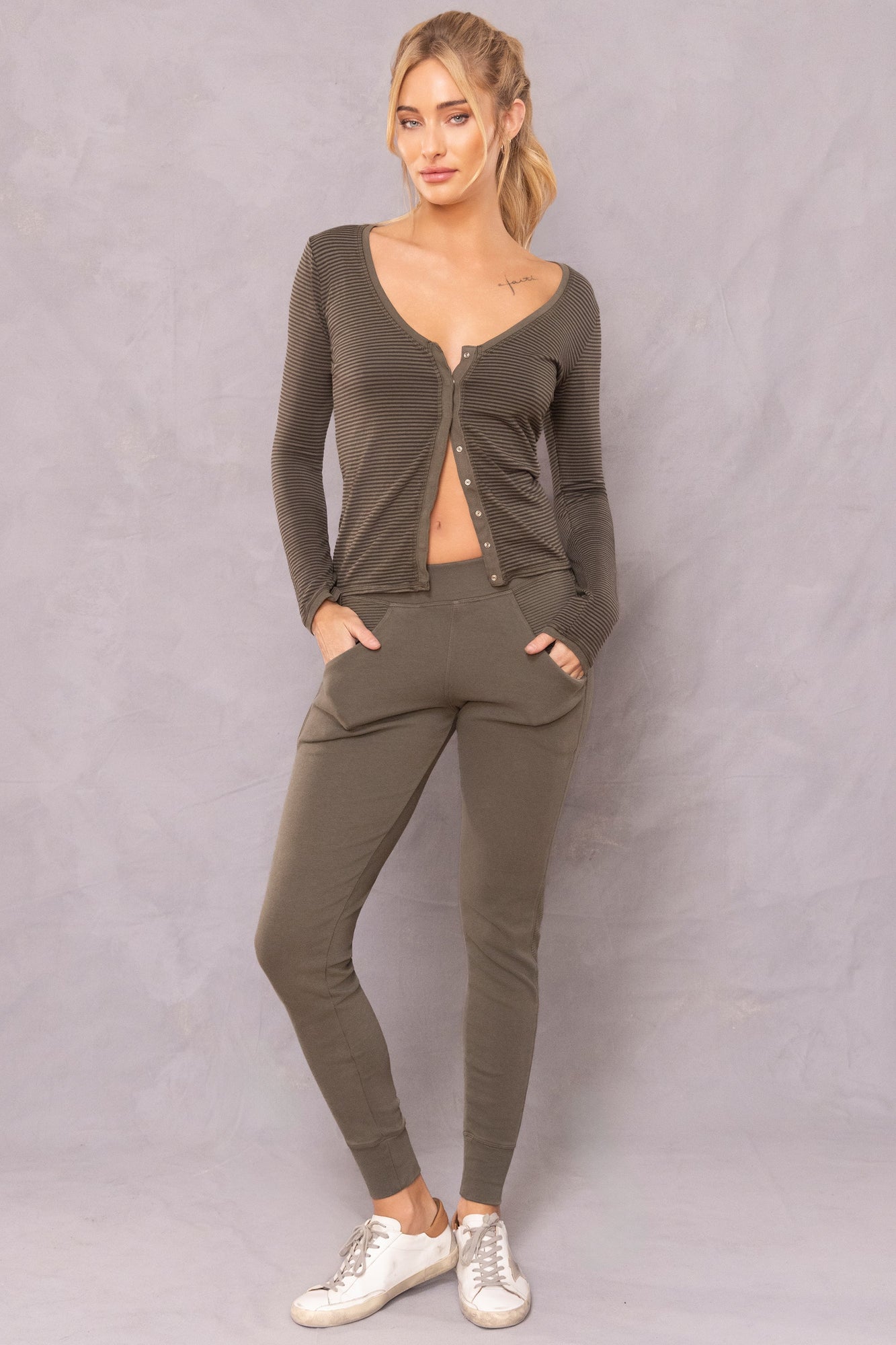 Women | Mini Tonal Stripe Snap Front Cardi | Olive