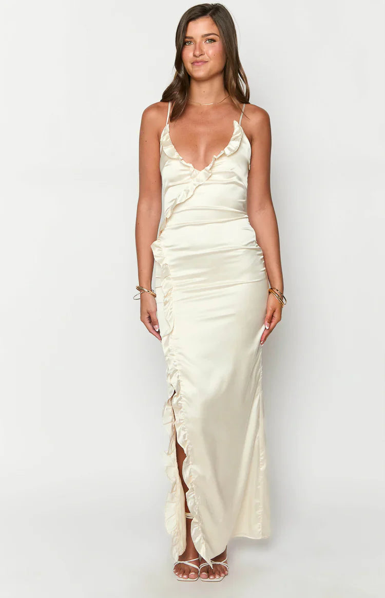 Nahanee Satin Ruffle Maxi Dress | Cream