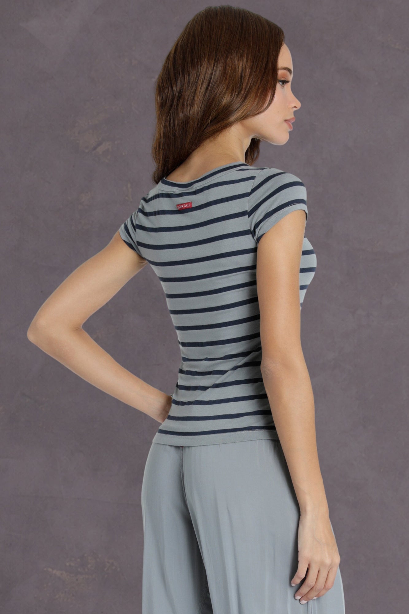 Women | Nautical Stripe Cap Sleeve Fitted Tee | Nickel