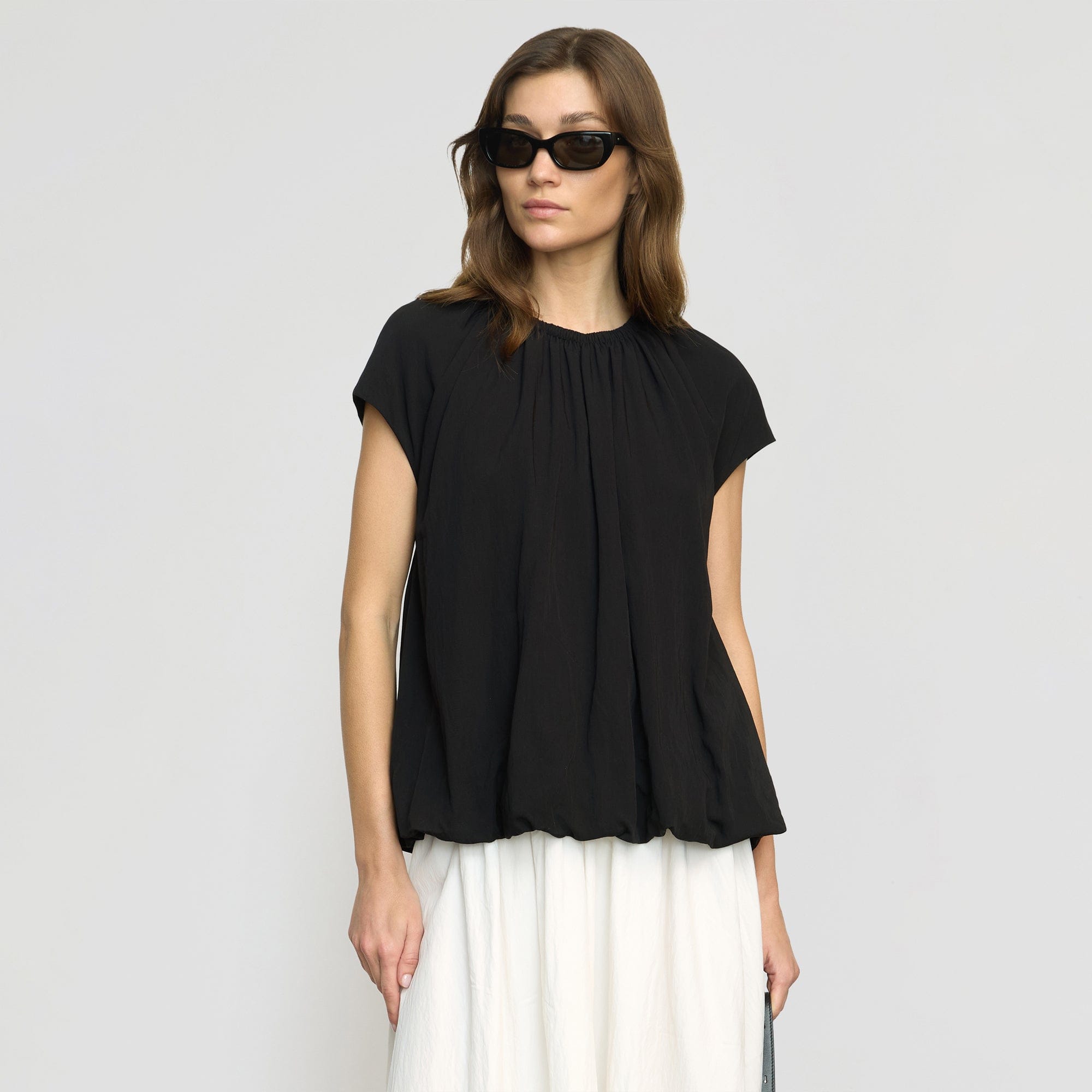 Orinda Shirred-Neck Bubble-Hem Blouse | Black