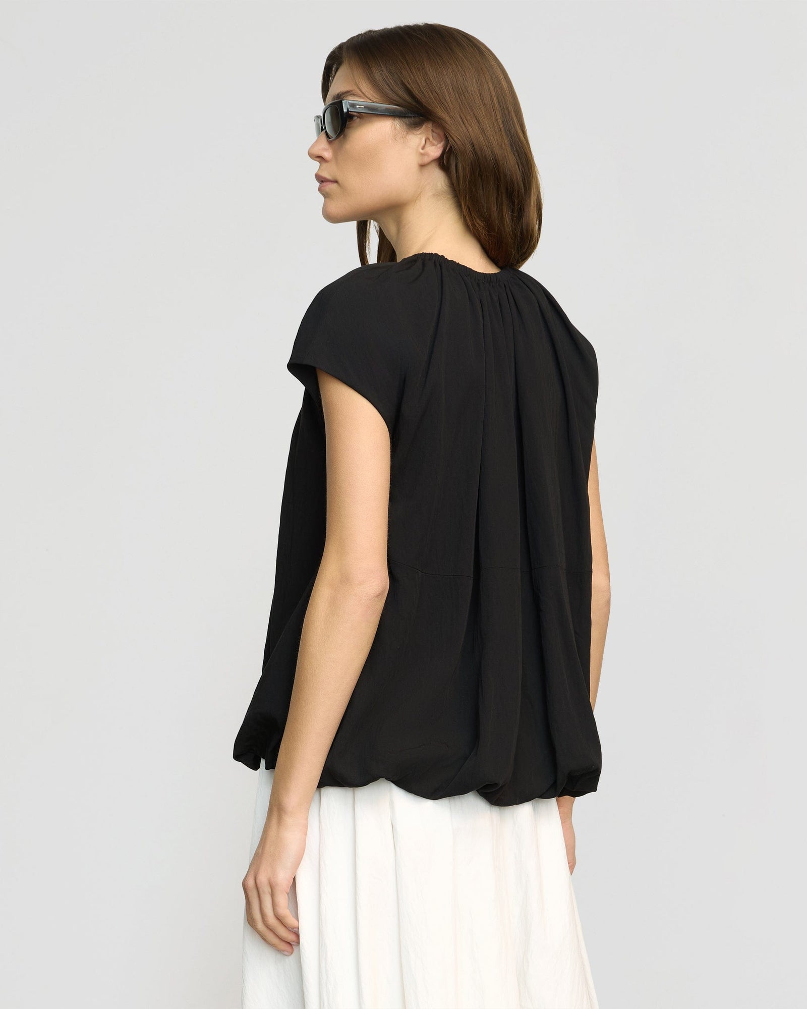 Renee | Orinda Shirred-Neck Bubble-Hem Blouse in Size Small