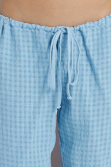 Women | Puckered Gingham Fly Front Linen Skipper | Sky