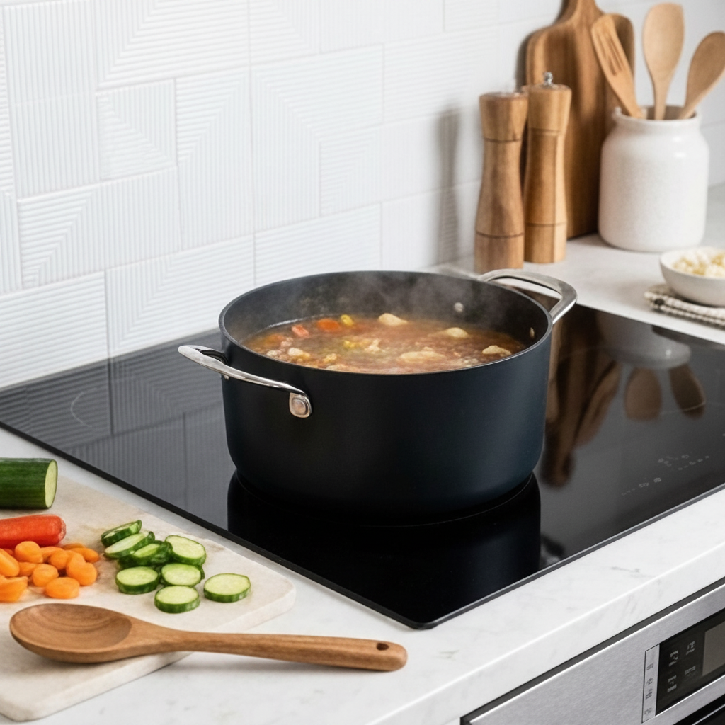 Large nonstick pot simmering vegetable soup on modern induction stove in kitchen