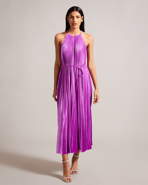 Women | Pleated Halterneck Midi D | Medium Purple