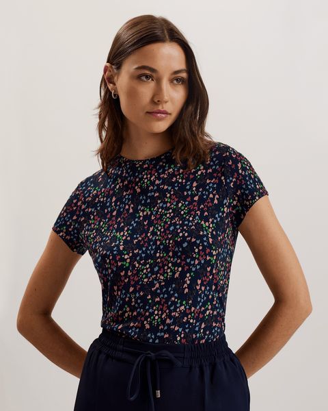 Women | Heart Printed Fitted Tee | Navy