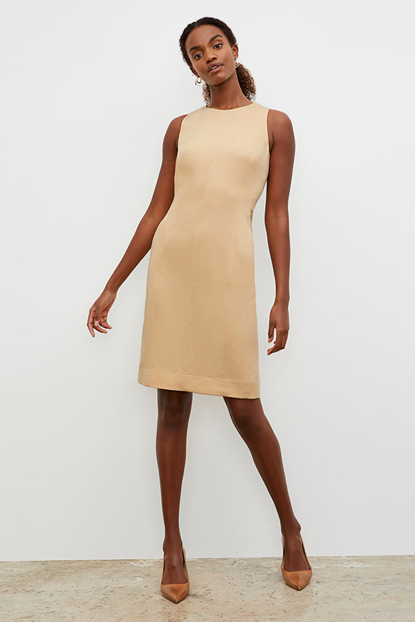 Front image of a woman wearing the Constance Dress - Everyday Twill in Butter | Grid | Exclude