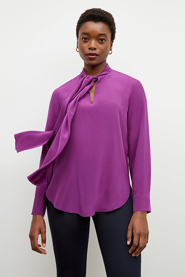 Front image of a woman wearing the Darcy Top in Purple Jasper | Grid | Exclude