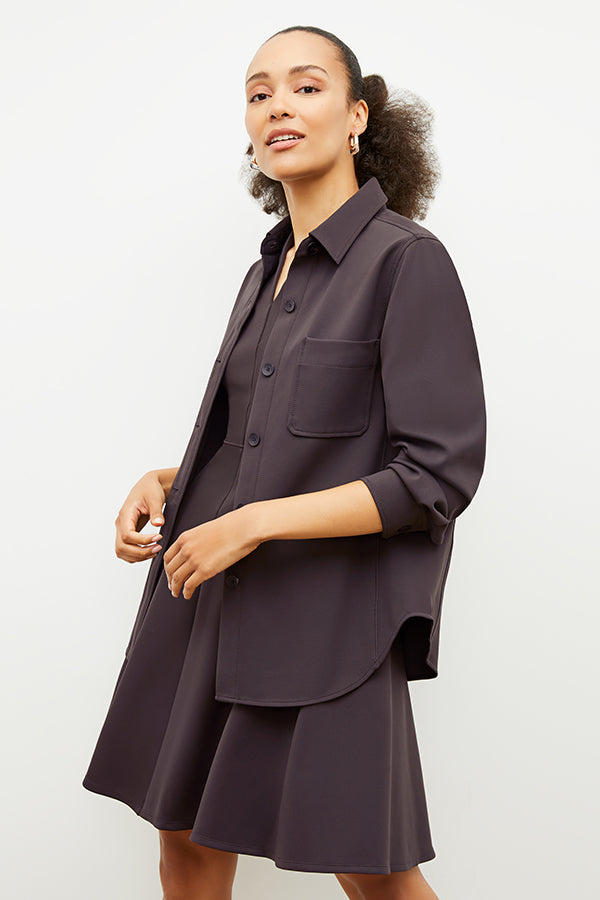 Front image of a woman wearing the ruth dress in haze | Exclude