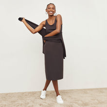 Front image of a woman standing wearing the Elsa Dress—Light Scuba in Haze | Lead